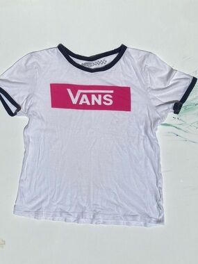 VANS Tshirt White Red Logo Ringer 100% Cotton Short Sleeve Crew Neck Top Women